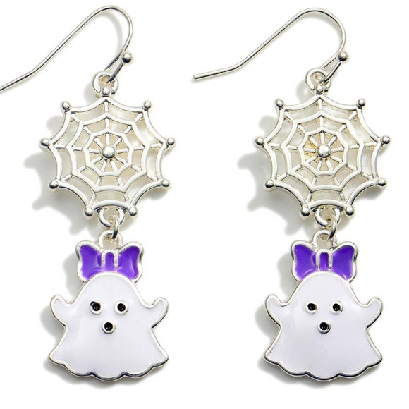 Silver Siderweb Girl Ghost Enamel Dangle Drop Earrings - Picture 1 of 4